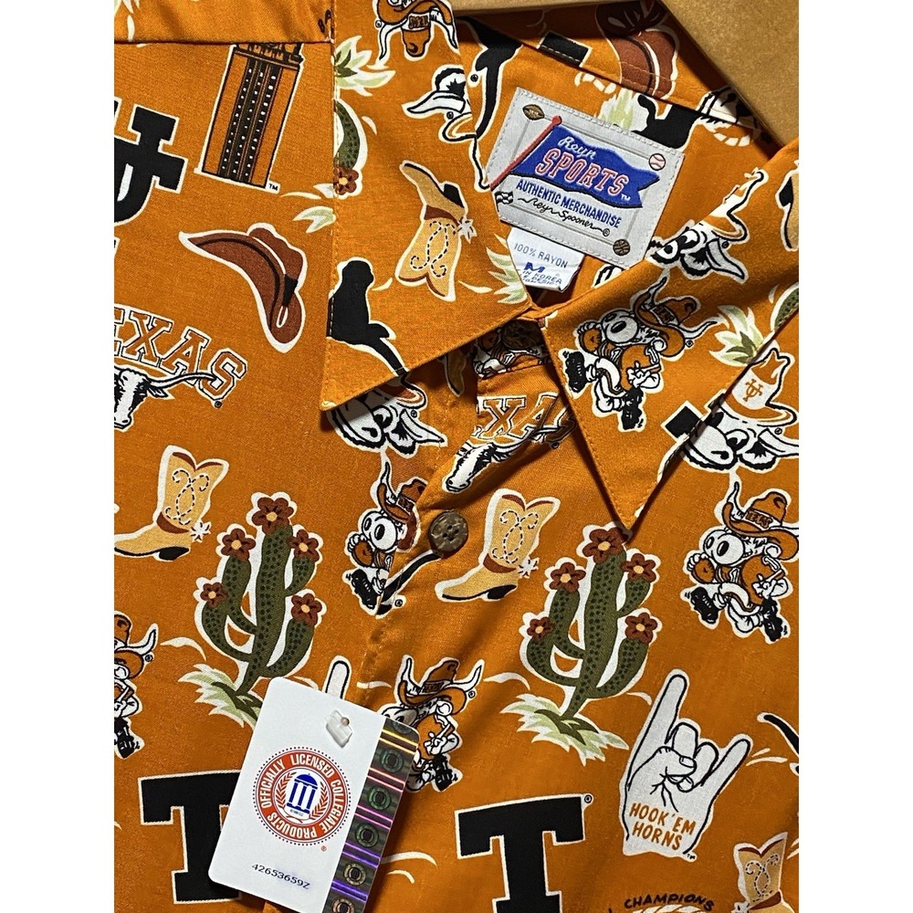 Reyn Spooner Texas Longhorns Mens Medium Rayon Aloha Shirt Burnt Orange Bevo UT